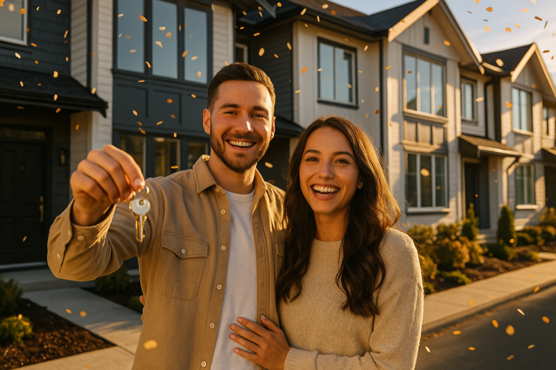 Young couple holding keys in front of a beautiful new Surrey BC townhome