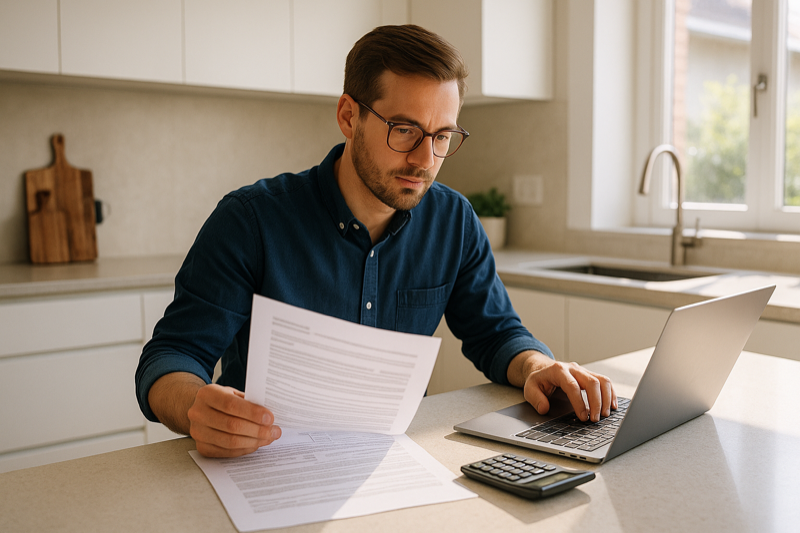 Professional reviewing mortgage documents at a modern kitchen counter with warm natural light