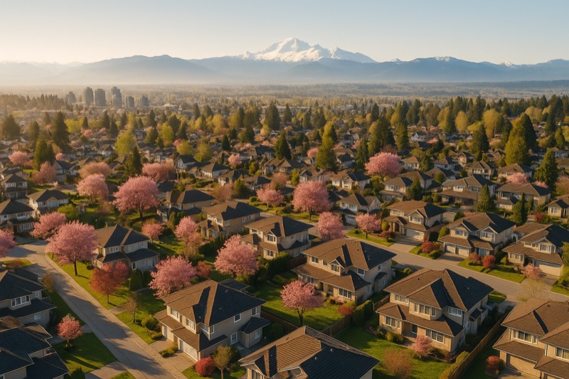 Spring 2026 Surrey BC and Fraser Valley aerial view with cherry blossoms and mountains