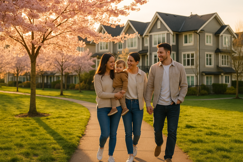Young family walking through a Surrey BC park with townhomes and cherry blossoms