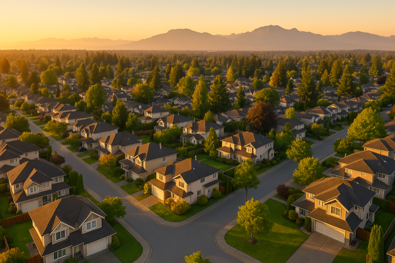 Beautiful aerial view of Surrey BC neighbourhoods at golden hour with tree-lined streets and distant mountains