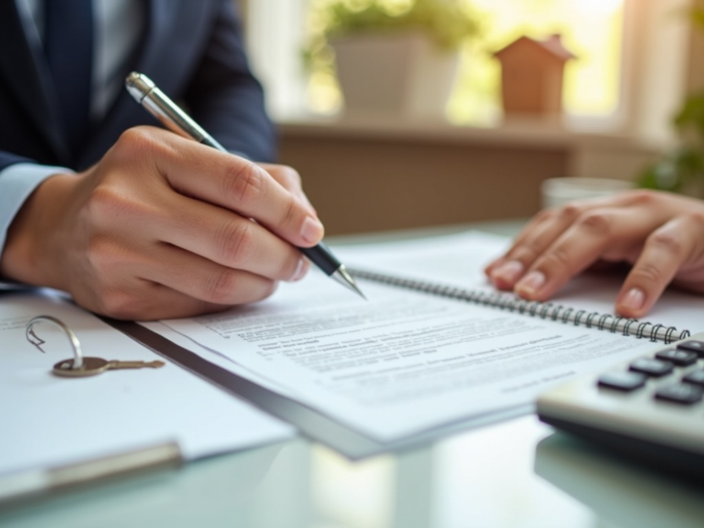 Mortgage signing with calculator showing affordable payments