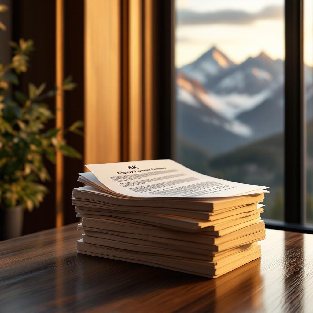 Property transfer tax forms with British Columbia mountain landscape visible through office window