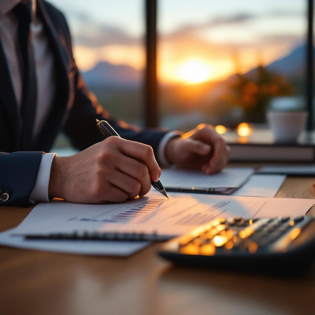 Real estate closing documents calculator and pen on a desk in BC office