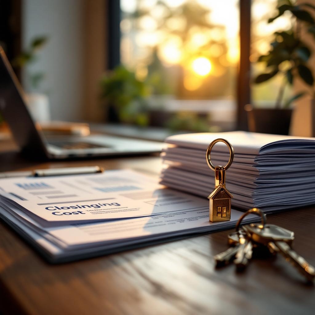 Closing cost paperwork and new home keys on a professional real estate office desk
