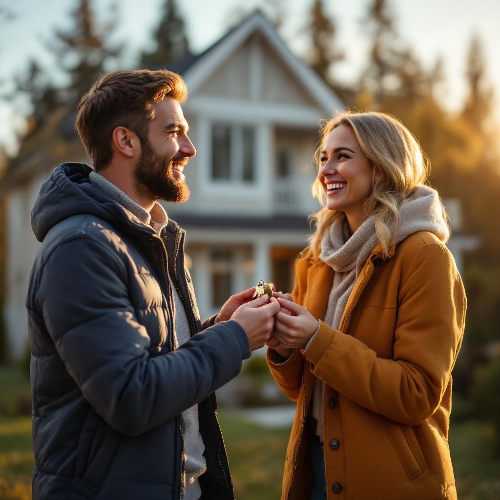 Excited first-time home buyers receiving keys to their new home in British Columbia