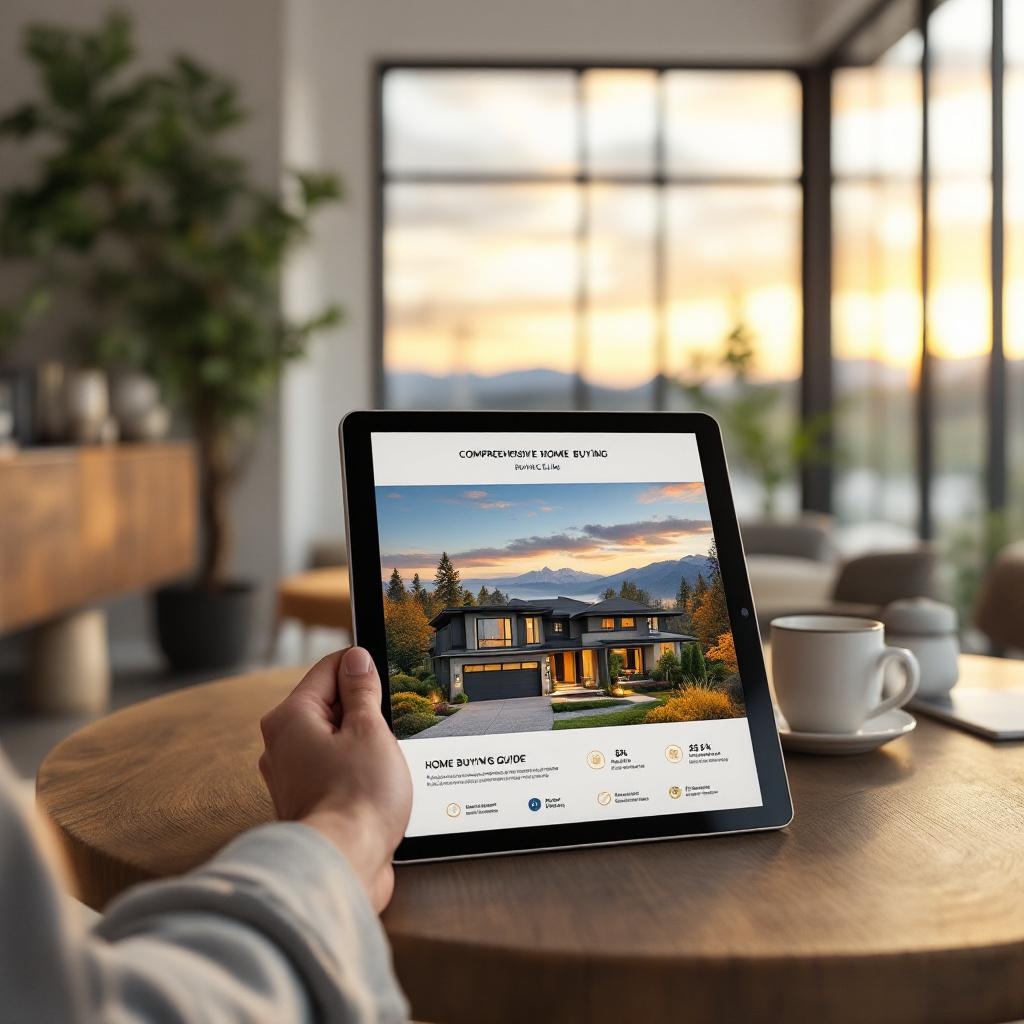 Home buying guide displayed on tablet with British Columbia landscape in background