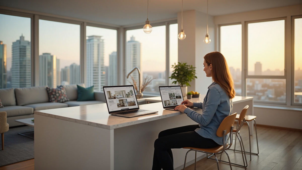 Tech worker reviewing mortgage options on laptop in modern Vancouver condo