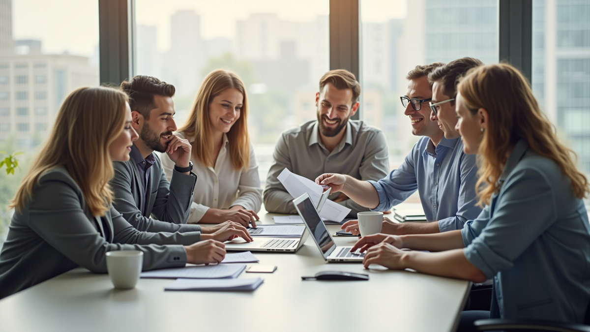 Tech professionals reviewing mortgage documents in modern office