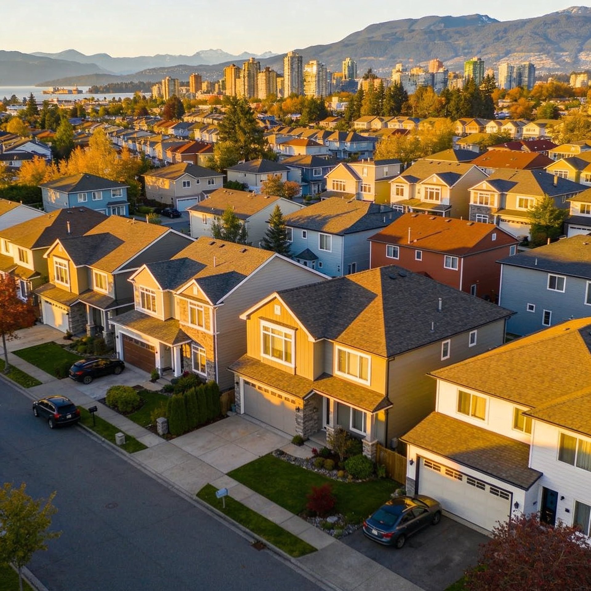 Aerial view of Richmond BC residential neighborhoods with modern homes
