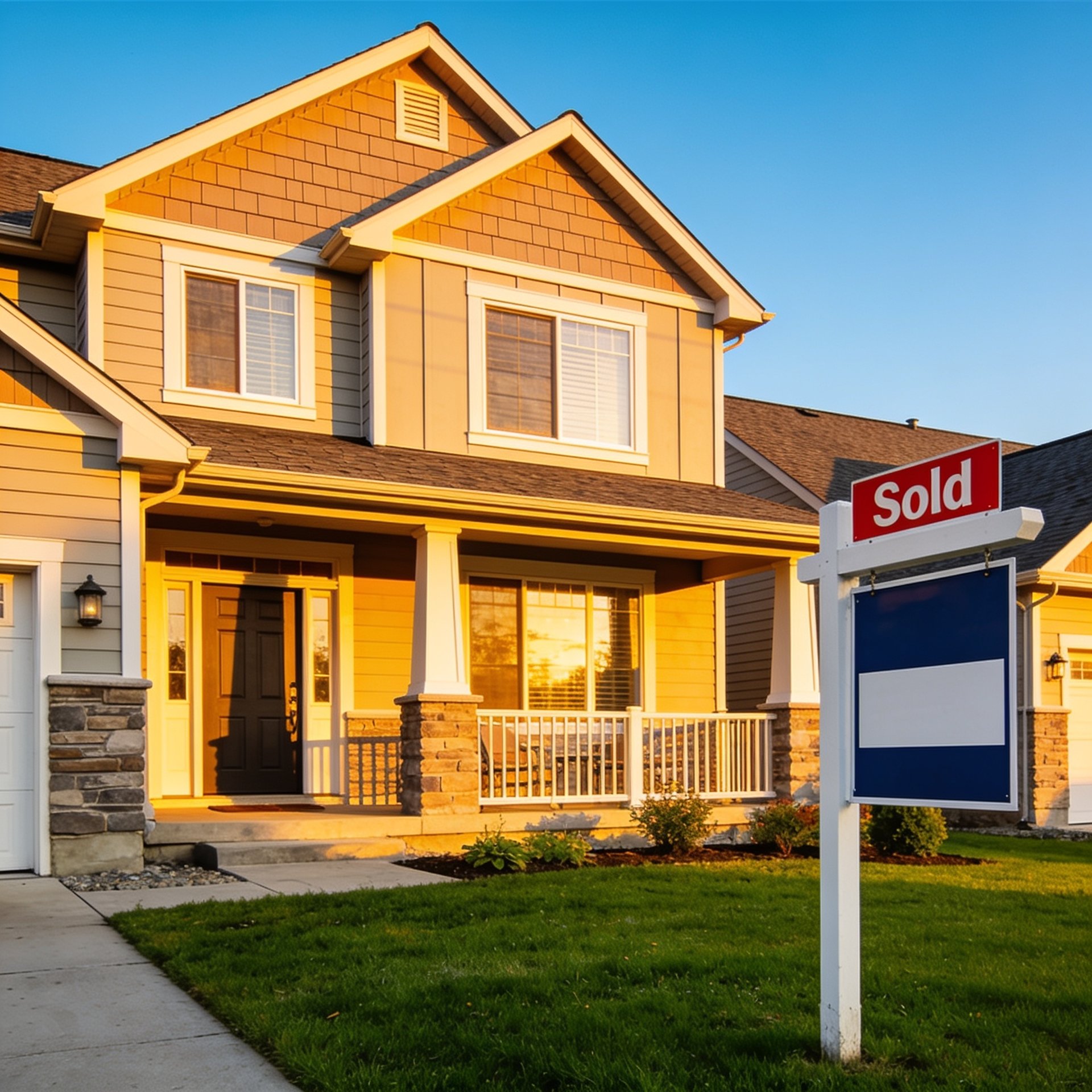 Beautiful Canadian suburban home with sold sign — assumable mortgage concept