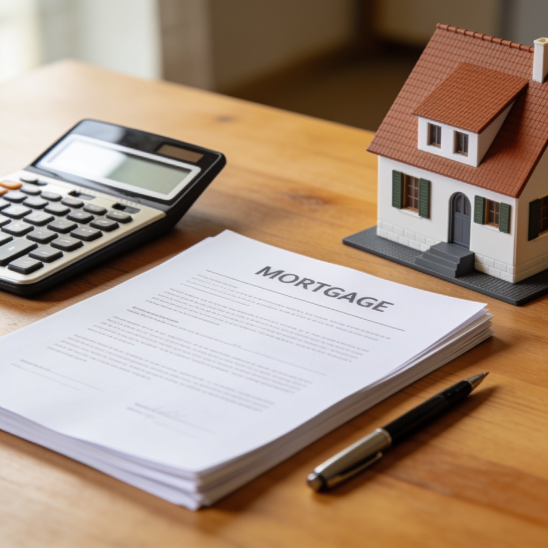 Mortgage documents, pen, calculator and model house on desk — financial planning for assumable mortgages