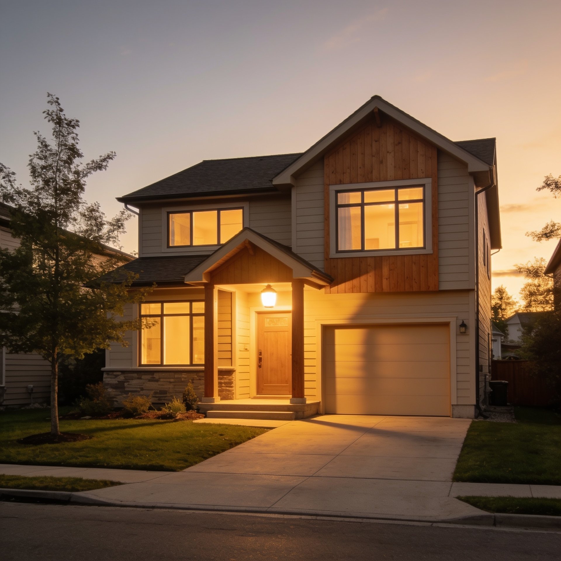 Modern Canadian family home with warm porch light at dusk — co-signer mortgage concept