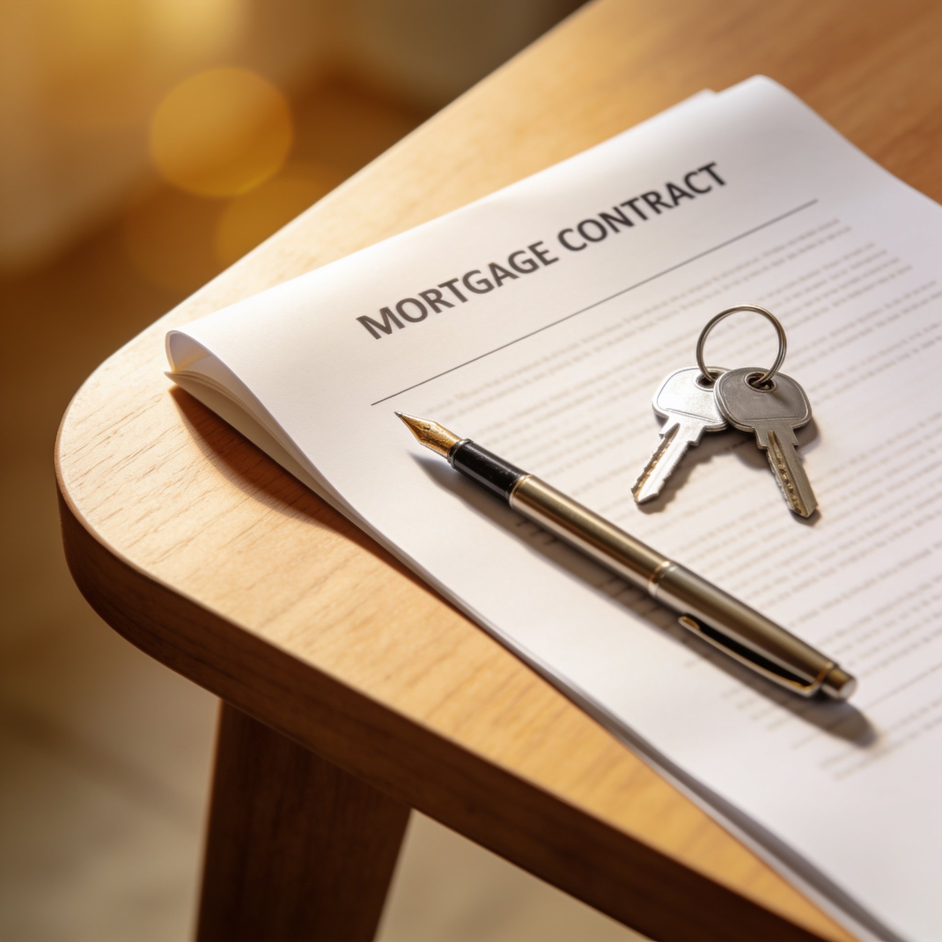 Mortgage contract with pen and keys on desk — co-signer mortgage agreement