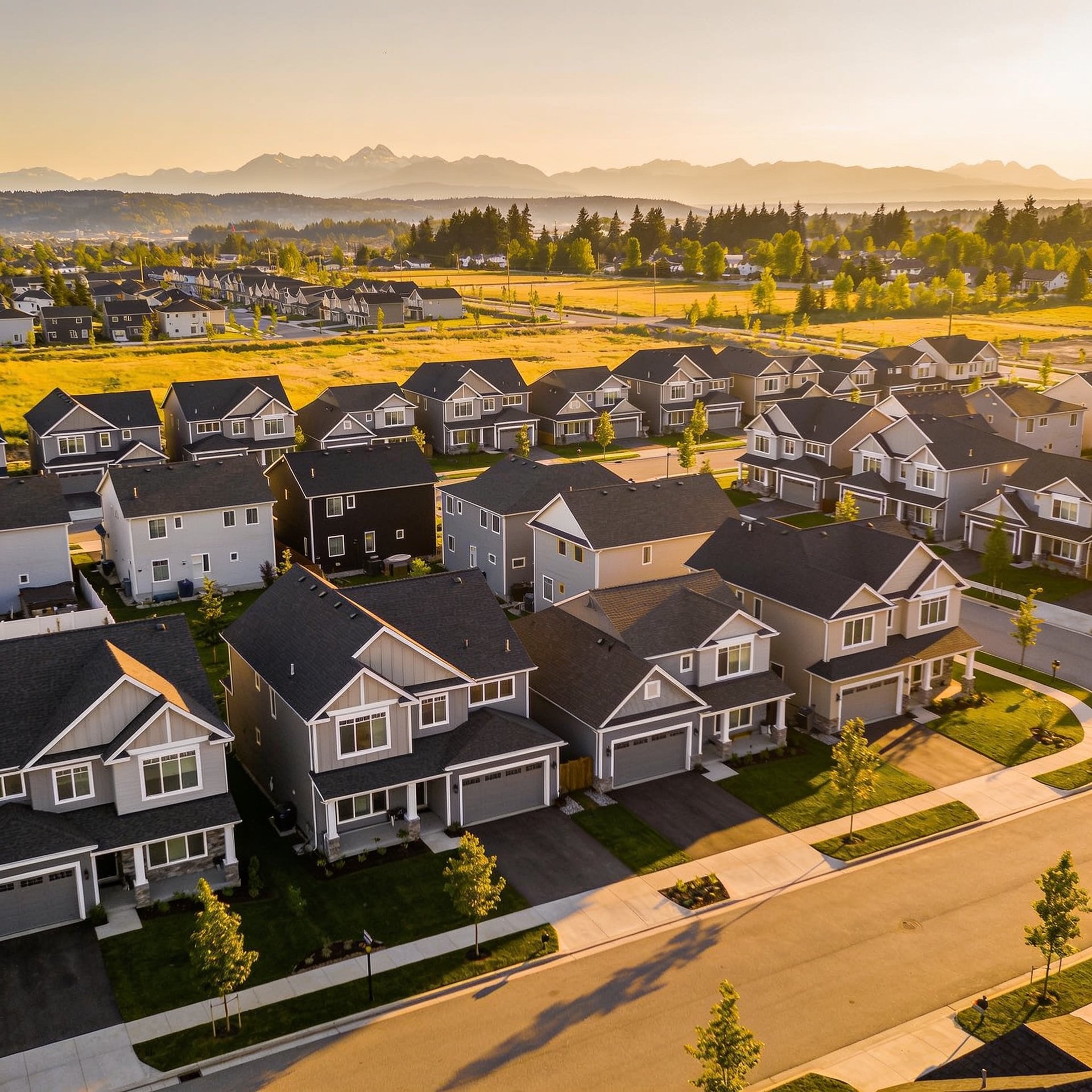 Aerial view of growing Langley BC suburb with new housing developments and mountains in distance