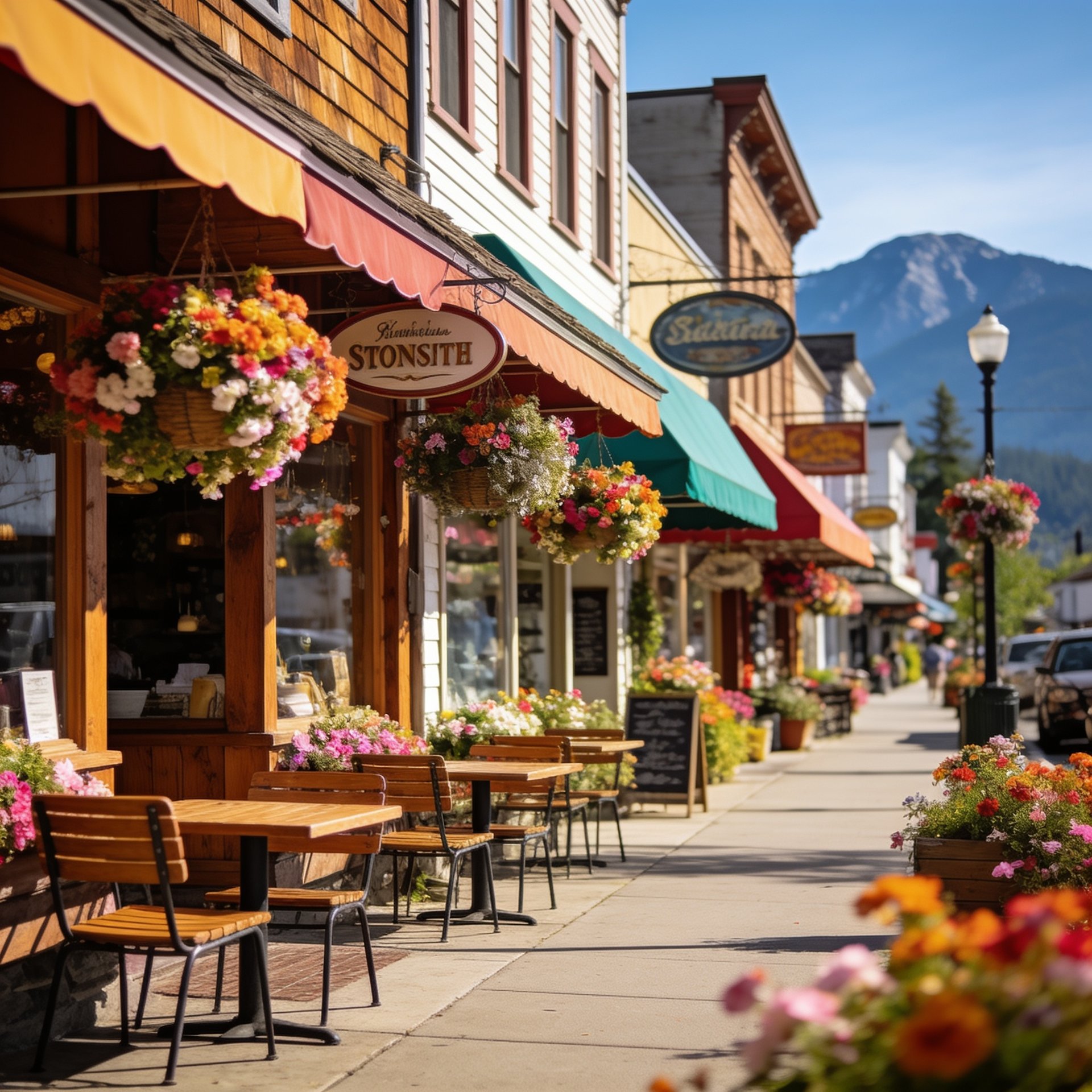 Charming British Columbia main street with boutique shops and flower baskets